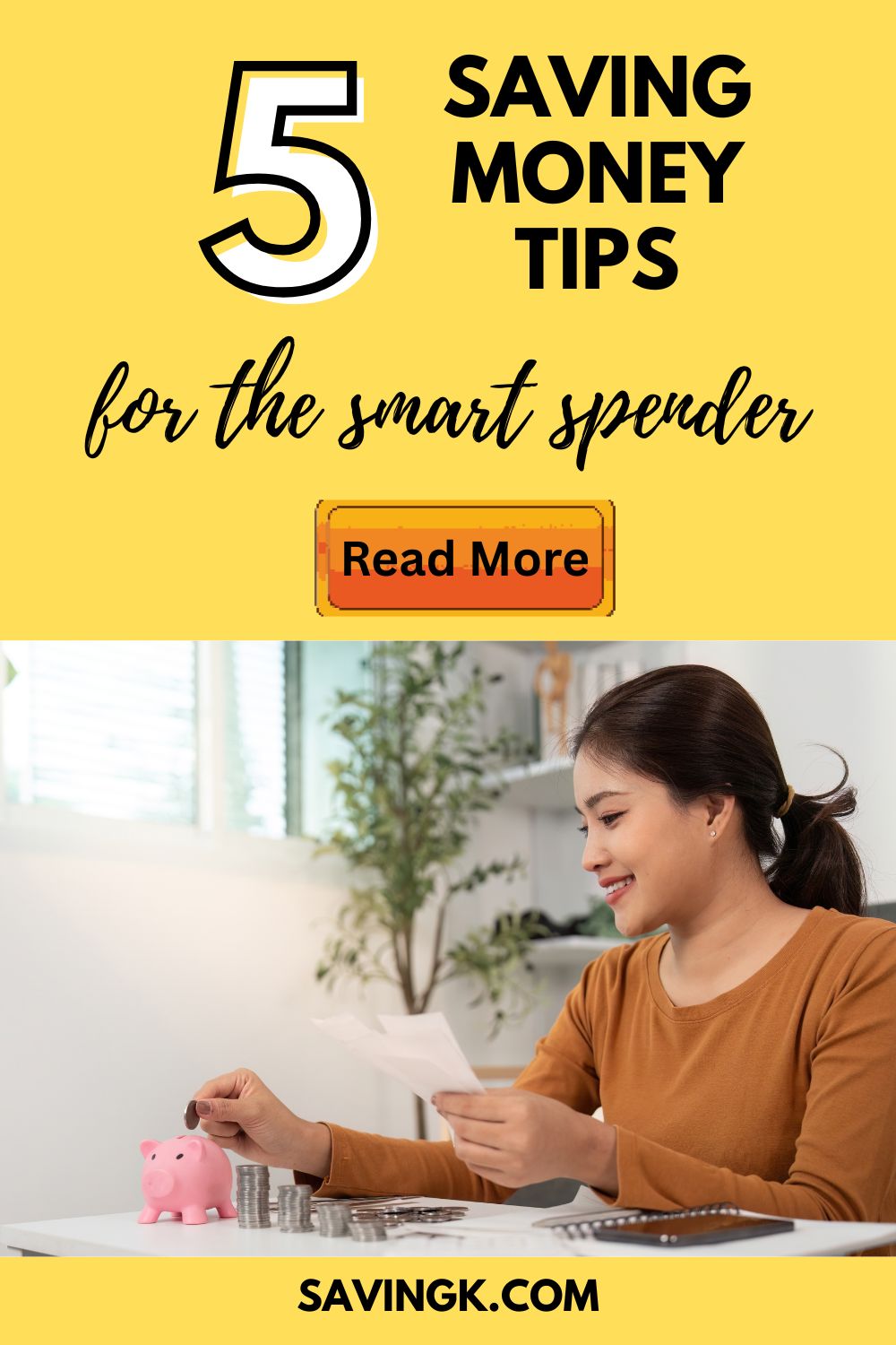Woman placing coins into a piggy bank while reviewing receipts and counting money at a table.