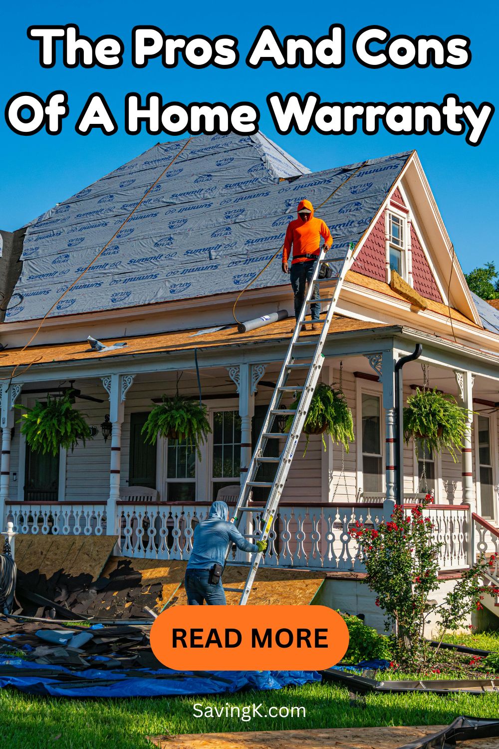 Image of two workers repairing the roof of a house while standing on ladders, used to illustrate an article about the pros and cons of home warranties.
