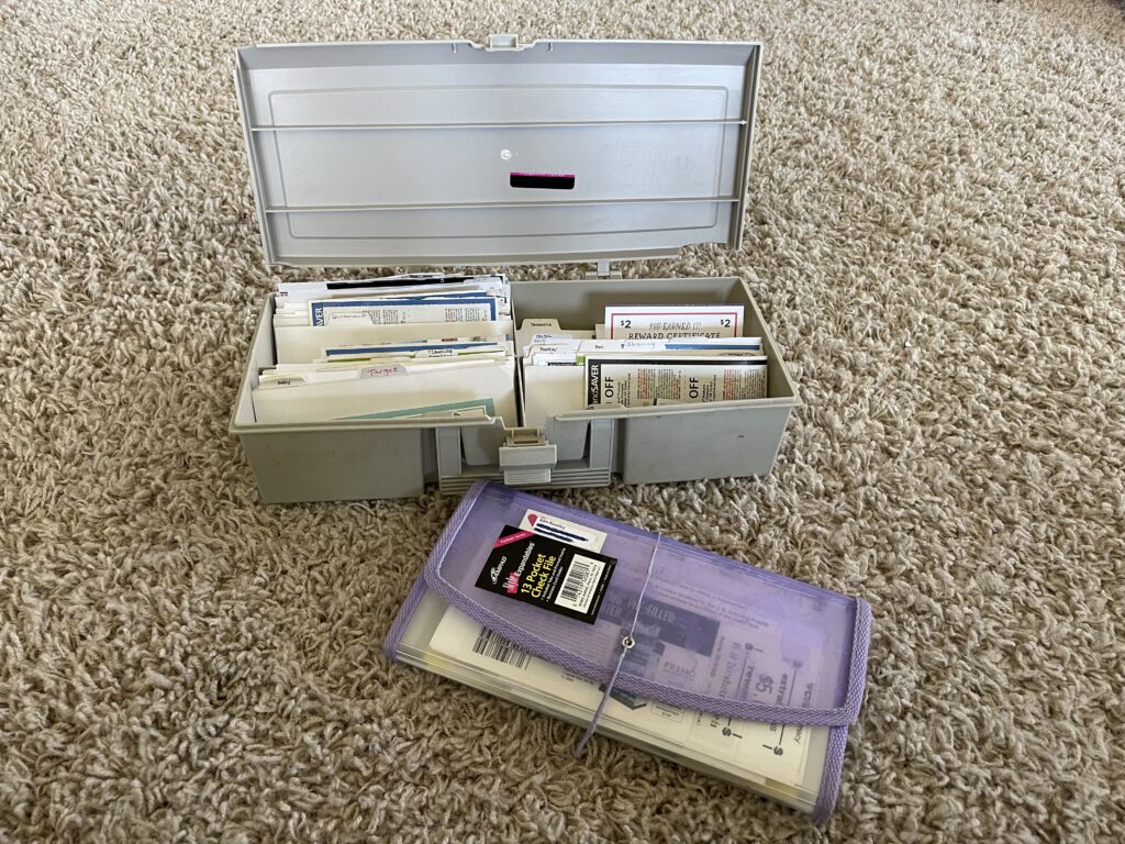 My old coupon box and my current coupon system (a pocket check file). 