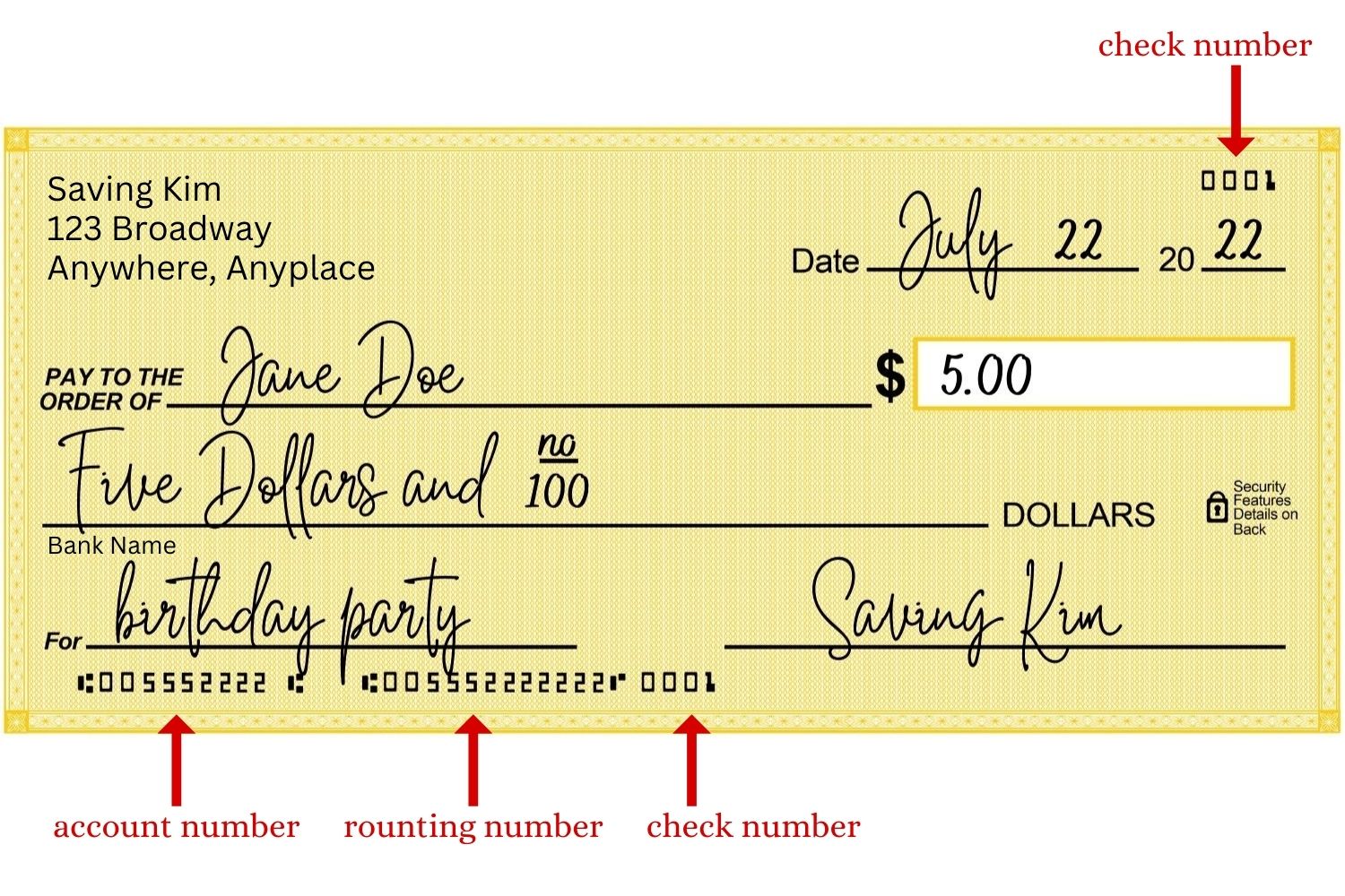 personal check example 