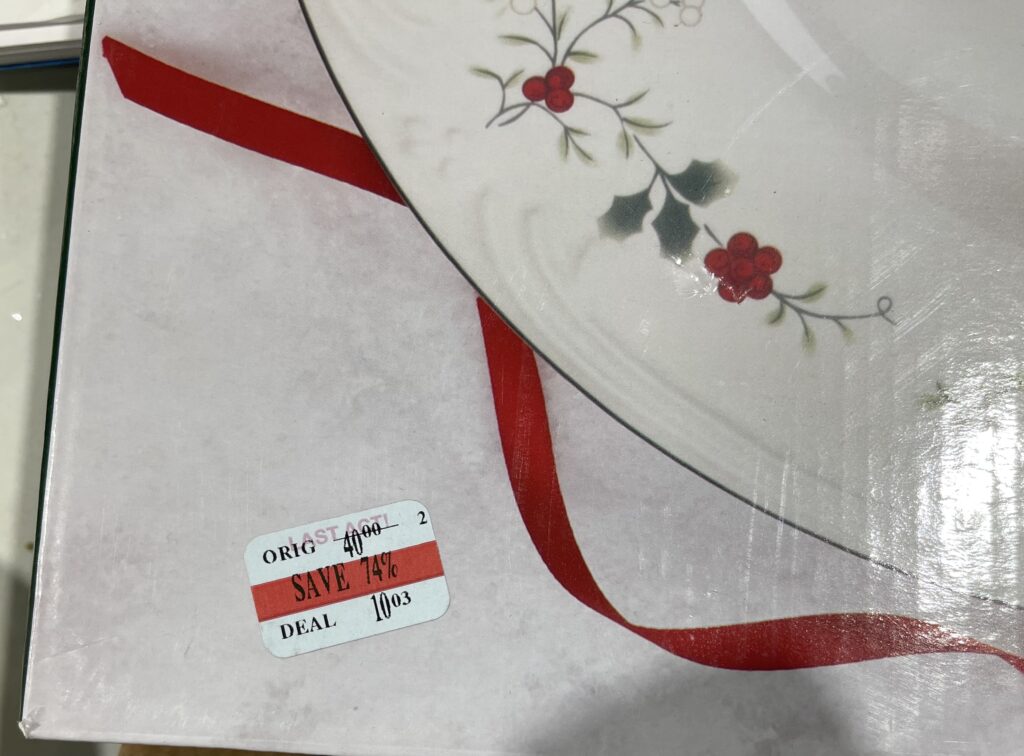 Macy's clearance price tag sticker on Christmas item