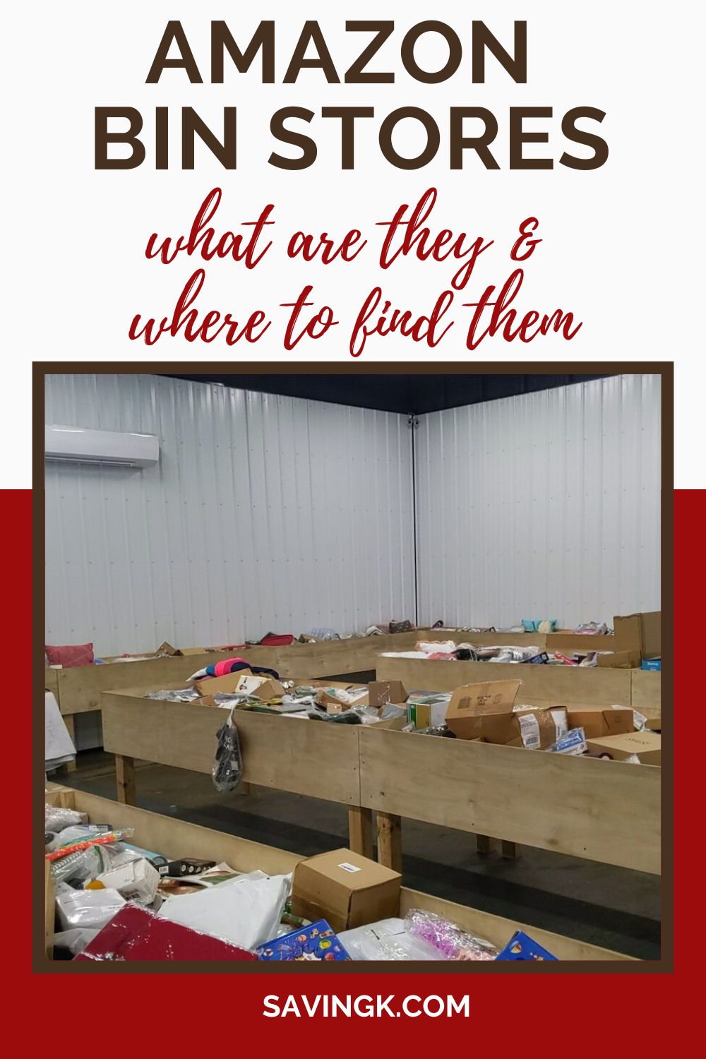 An interior of an Amazon bin store featuring wooden bins filled with discounted Amazon return and overstock items, with text overlay reading 'Amazon Bin Stores: What Are They & Where to Find Them.