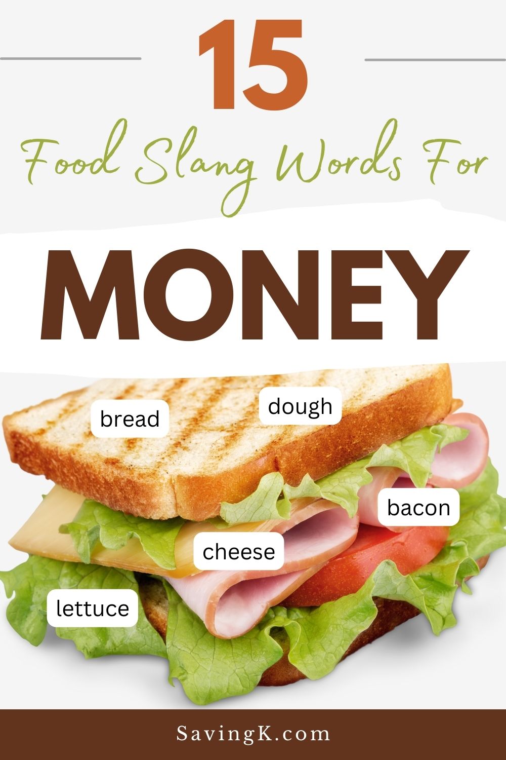 Feast on finance: 15 food slang words for money illustrated by a stacked sandwich.