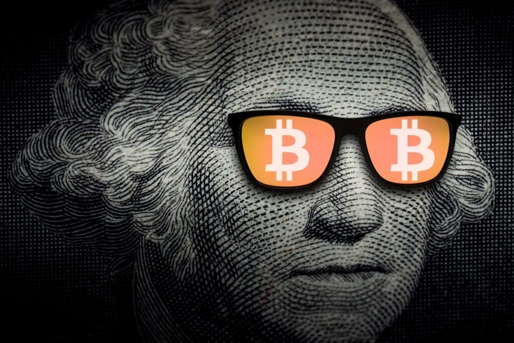 George Washington wearing sunglasses with Bitcoin logos on the lenses to signify unusual bitcoin