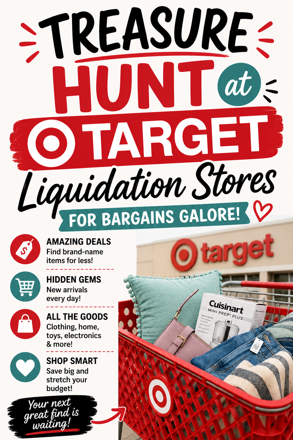 Pinterest graphic about shopping at Target liquidation stores for deals on clothing, home goods, and more