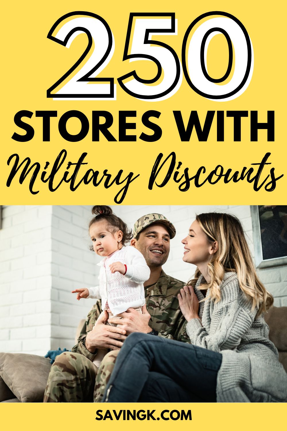 Smiling military dad in uniform sitting with his wife and child at home, representing stores offering military discounts for veterans and active service members.
