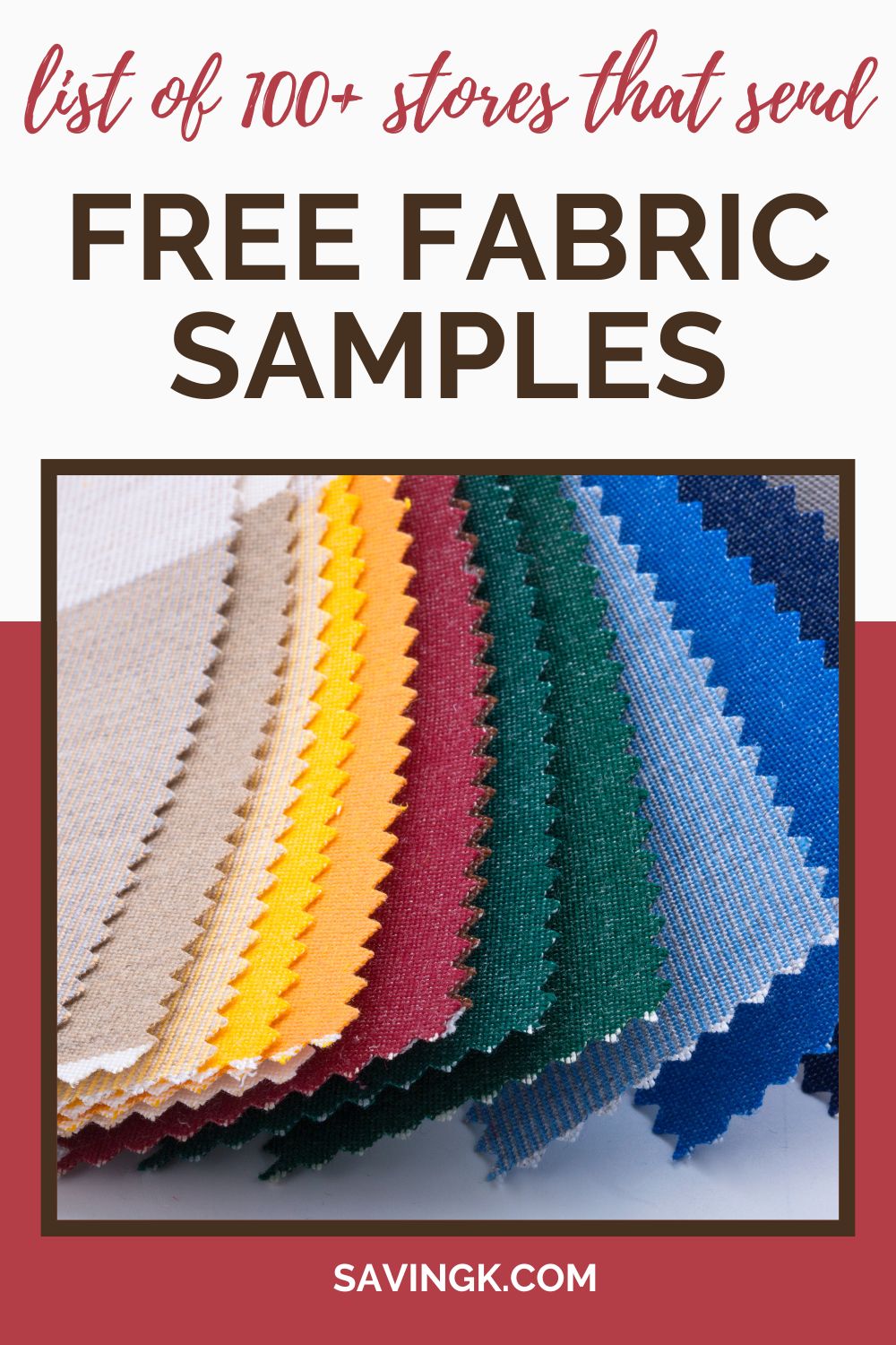 Close-up of colorful fabric swatches arranged in a fan, featuring various textures and hues, with text overlay reading 'List of 100+ Stores That Send Free Fabric Samples.