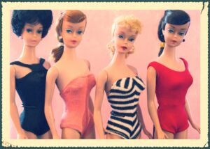Vintage Barbie Bathing Beauties From left Bubblecut Barbie, Titian Swirl PT, No. 4 PT and Brunette Swirl PT.