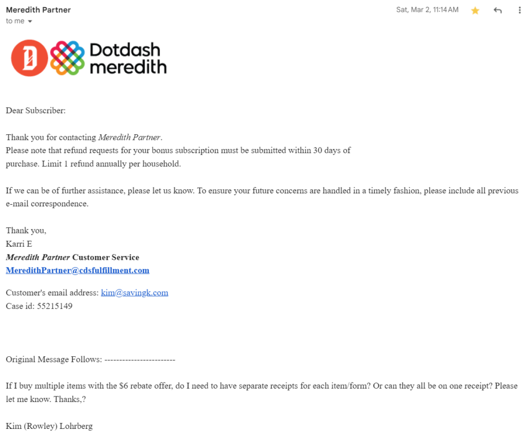 The image shows an email response from the Meredith partner customer service team addressed to a subscriber named Kim. The email informs the subscriber about the refund process for their subscription and includes a note that a BHG