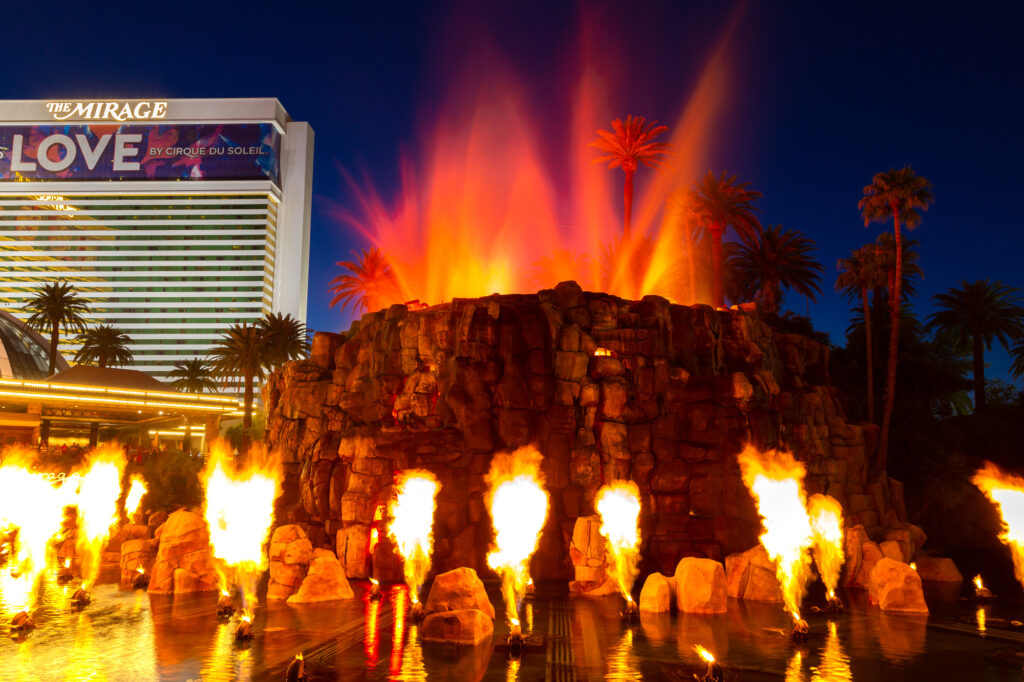 LAS VEGAS, USA - MARCH 29, 2020: Artificial volcano eruption show at The Mirage Hotel and casino in Las Vegas at night, Nevada, USA