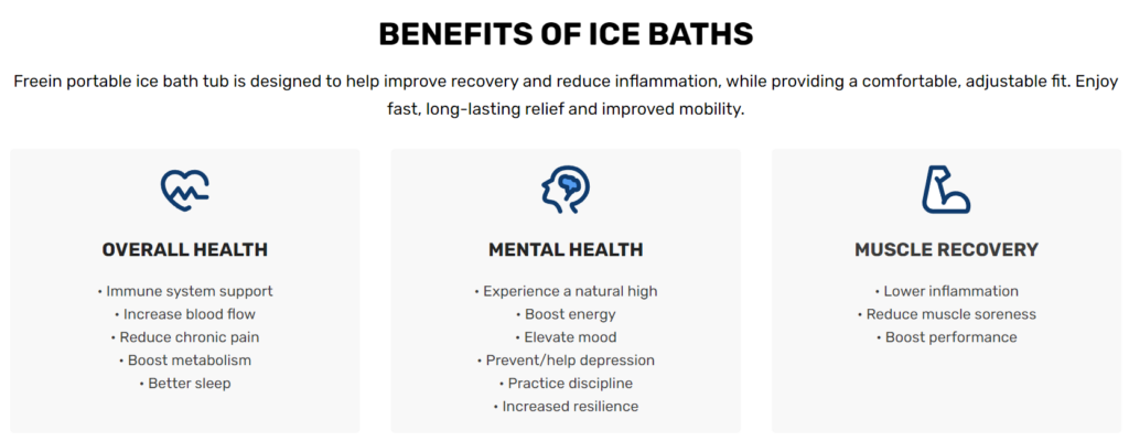BENEFITS OF ICE BATHS Freein portable ice bath tub is designed to help improve recovery and reduce inflammation, while providing a comfortable, adjustable fit. Enjoy fast, long-lasting relief and improved mobility. OVERALL HEALTH • Immune system support • Increase blood flow • Reduce chronic pain • Boost metabolism • Better sleep MENTAL HEALTH • Experience a natural high • Boost energy • Elevate mood • Prevent/help depression • Practice discipline • Increased resilience MUSCLE RECOVERY • Lower inflammation • Reduce muscle soreness • Boost performance
