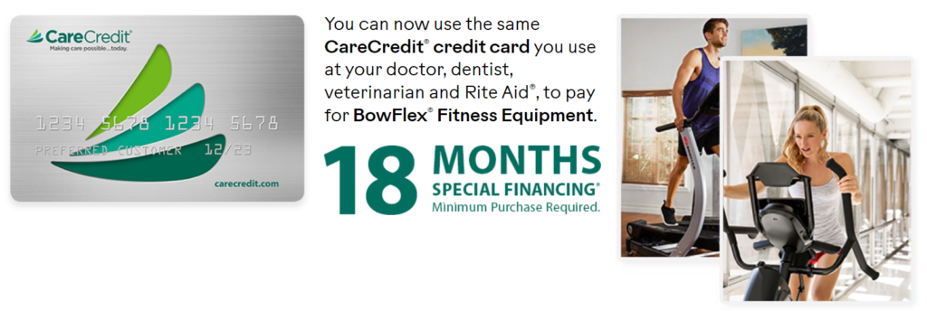 Advertisement banner showcasing the Care Credit credit card offering 18 months of special financing, with an image of the card on the left and two people using exercise equipment on the right, emphasizing its use for purchasing