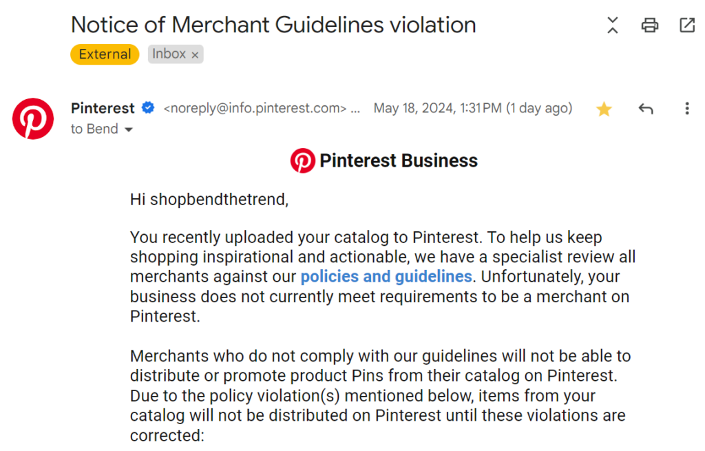 Notice of Merchant Guidelines violation