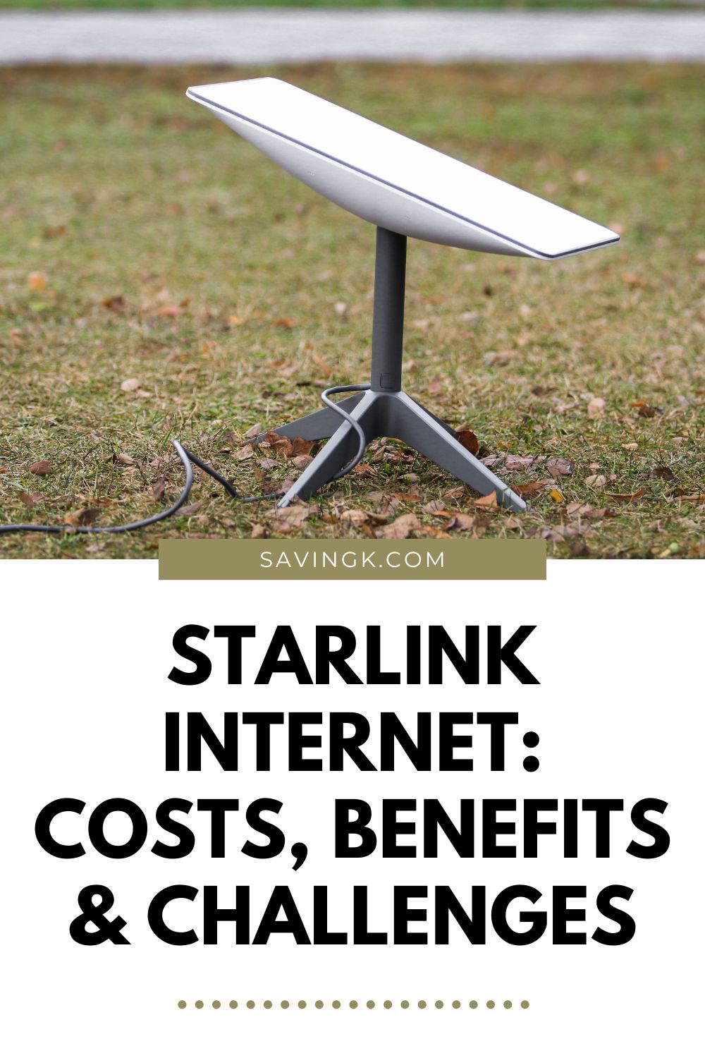 Starlink satellite internet dish on grass, illustrating the costs, benefits, and challenges of using Starlink internet service.