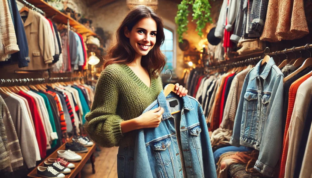 A woman shopping in a thrift store, browsing through racks of clothing. She is casually dressed, smiling, and holding up a vintage jacket