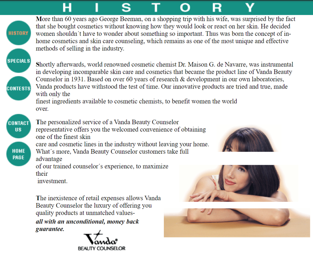 Vanda Beauty Counselor website screenshot from 2021.