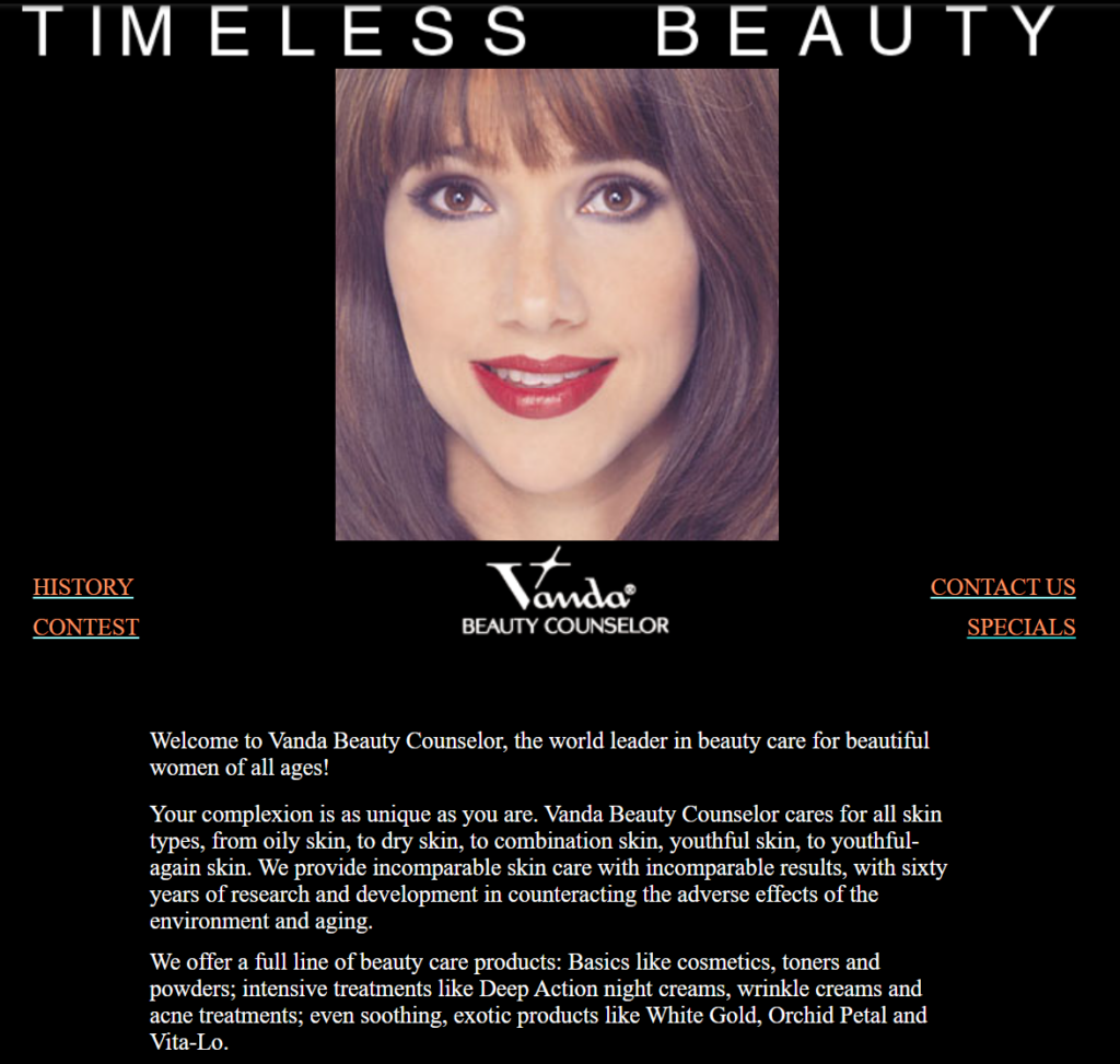 Screenshot of VandaBeautyCounselor.com from 2021