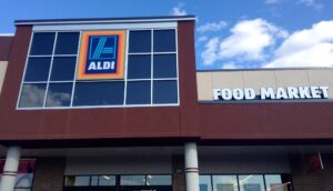 Aldi Grocery Store Super Market Food Market Building logo facade.