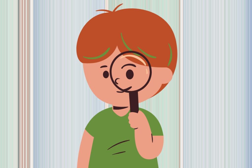 a cartoon person looking through a magnifying glass with a striped background