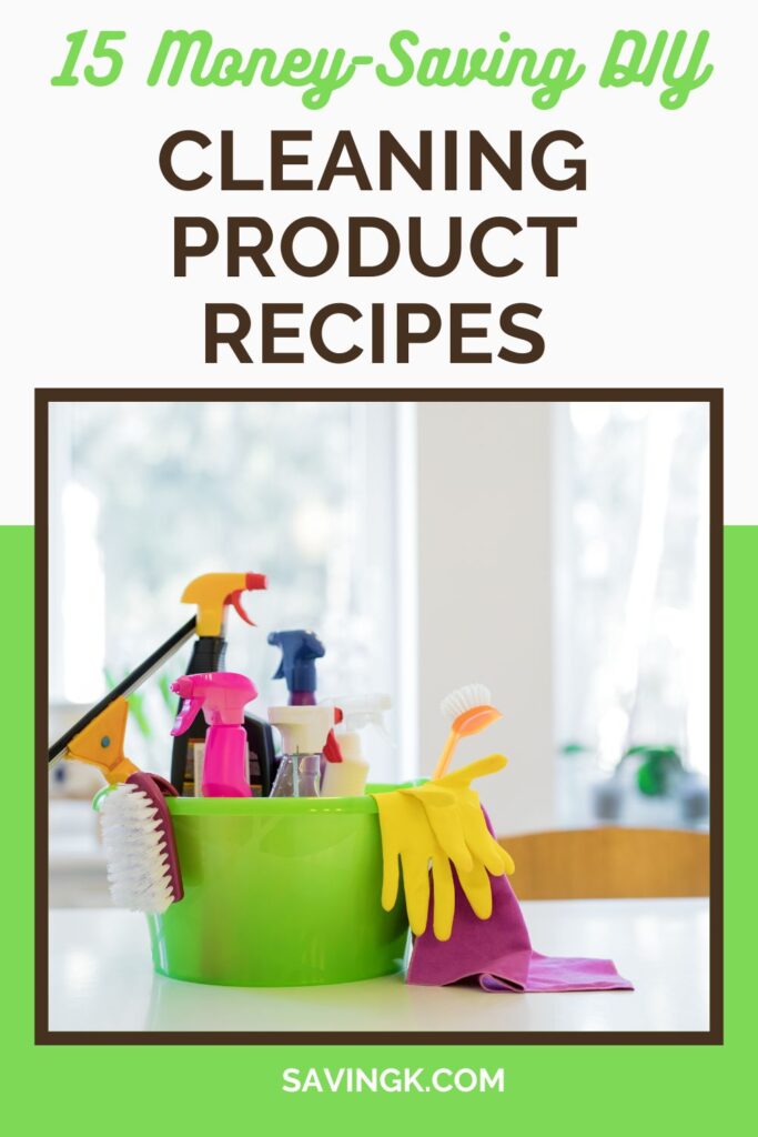 A green cleaning caddy filled with spray bottles, brushes, gloves, and other cleaning supplies on a kitchen counter.