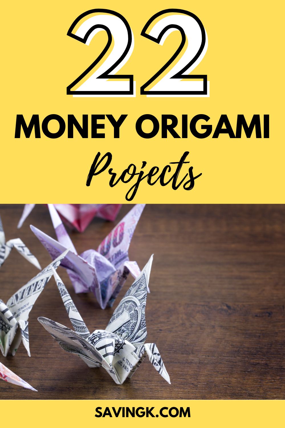Paper cranes and other folded shapes made from dollar bills on a wooden surface, representing creative money origami art.