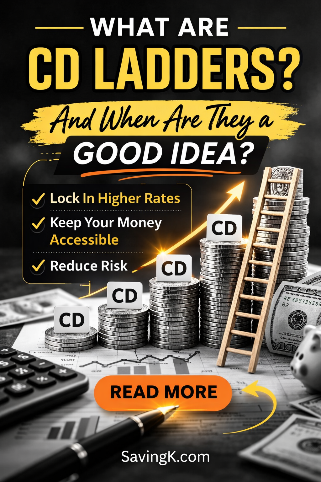 Infographic showing stacked coins arranged like a ladder with “CD” labels on each level and text that reads “What Are CD Ladders? And When Are They a Good Idea?” with a “Read More” button and SavingK.com at the bottom.