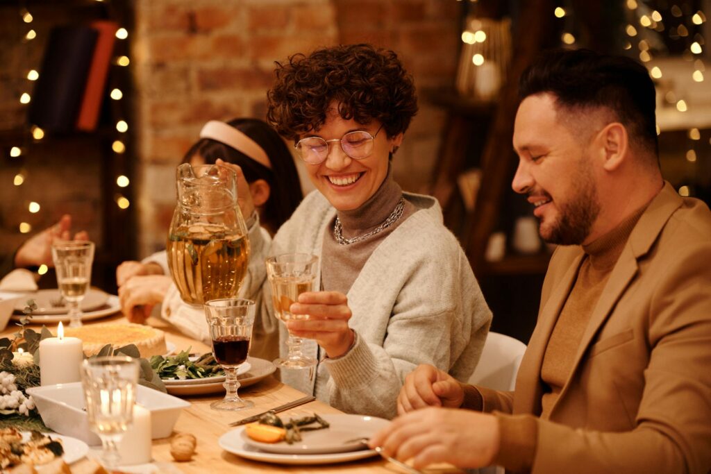 family eating at a restaurant in December