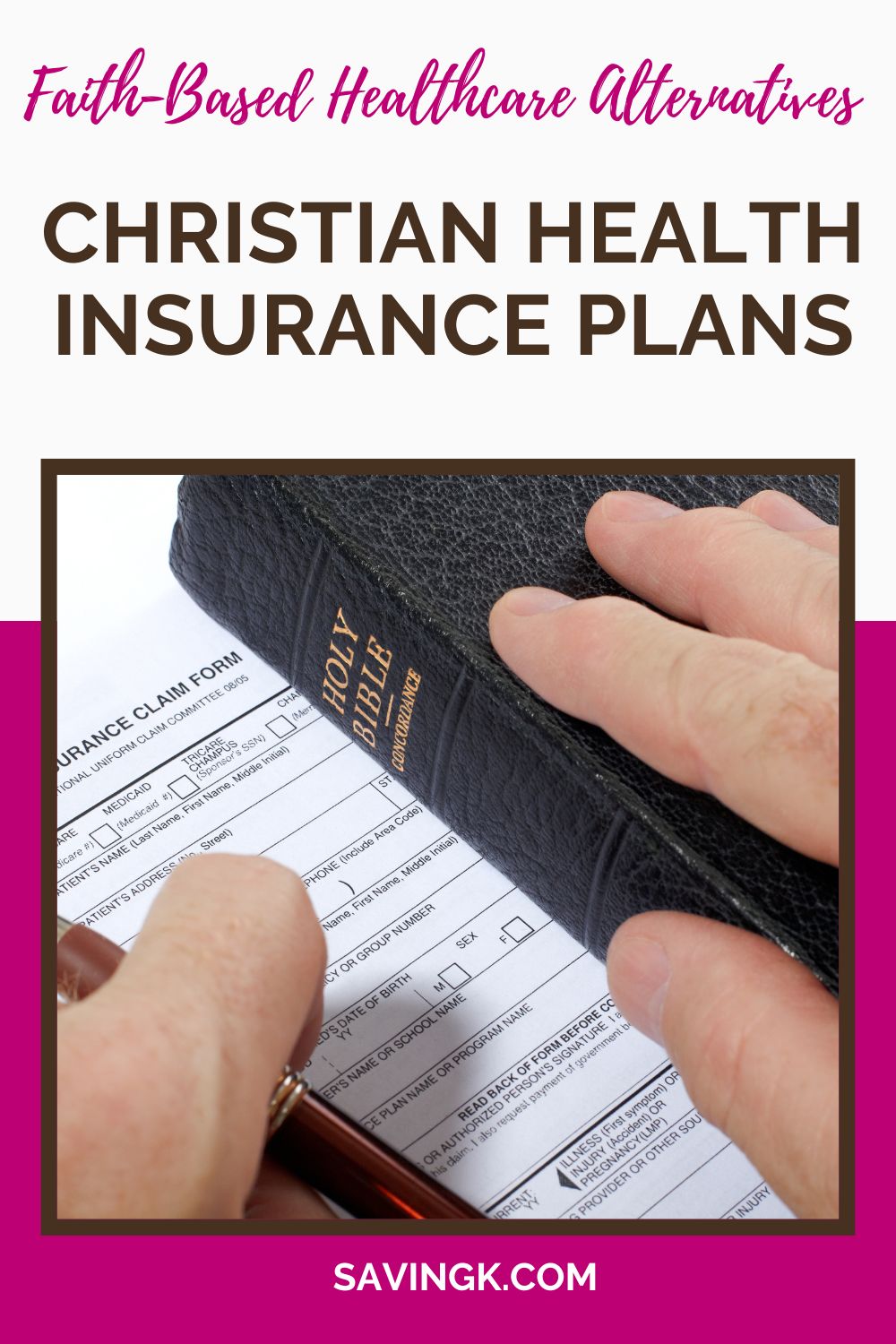 A close-up of hands holding a Holy Bible over a health insurance claim form, symbolizing the concept of Christian health insurance plans.