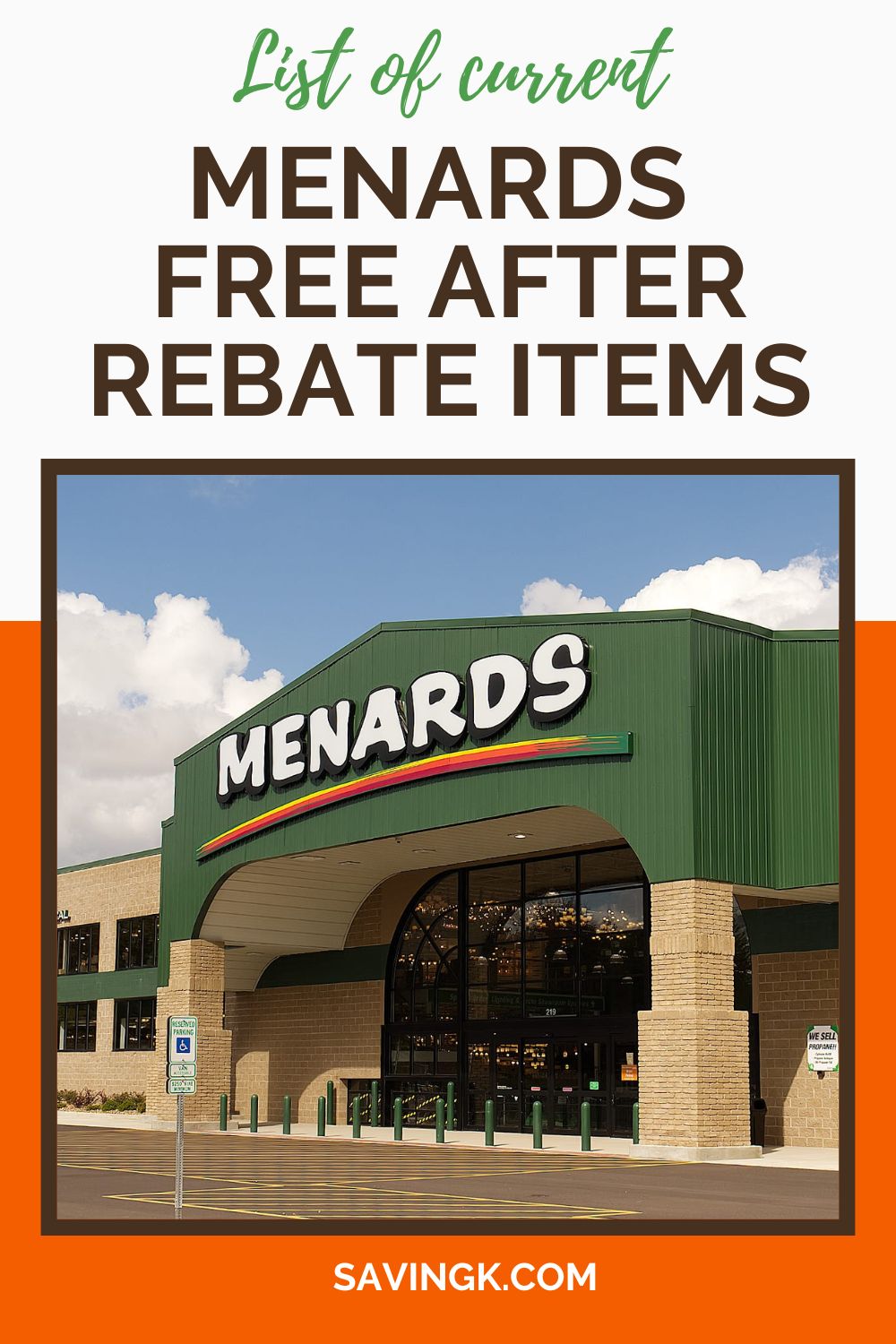 The front entrance of a Menards store with its iconic green and white sign under a blue sky, with text overlay reading 'List of Current Menards Free After Rebate Items.