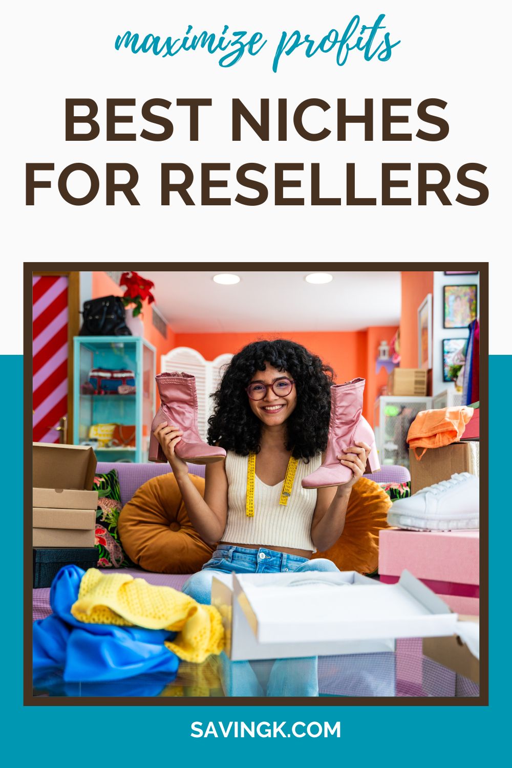 Smiling woman holding pink boots in a colorful room filled with boxes and reselling inventory, showcasing the potential of profitable reseller niches.