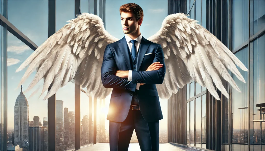 A businessman in a navy blue suit with large, elegant white angel wings stands confidently against a modern cityscape at sunset.