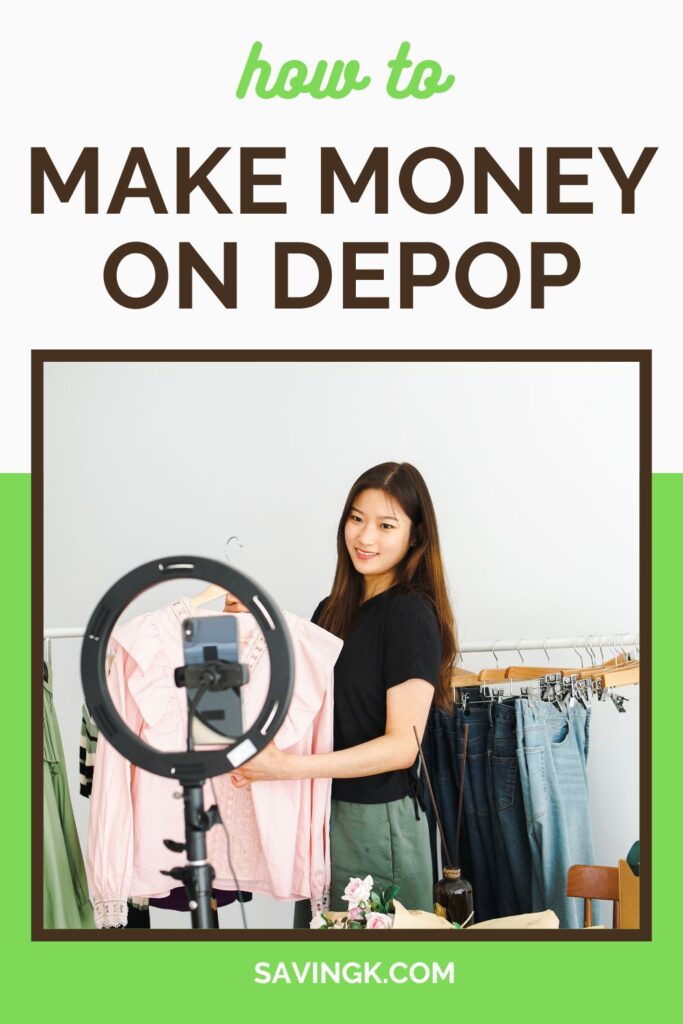 A young woman holding a pink blouse in front of a camera with a ring light, preparing to showcase it for an online sale. A clothing rack with denim jeans is visible in the background.