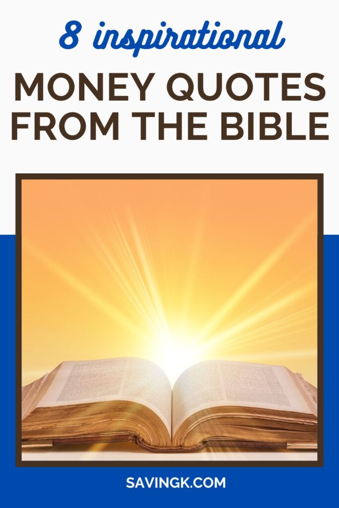 An open Bible with golden light radiating from its pages, symbolizing wisdom and divine inspiration, with text overlay about inspirational money quotes from the Bible.