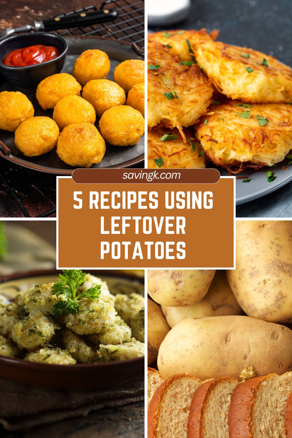 A collage featuring five creative recipes using leftover mashed potatoes, including potato croquettes, pancakes, gnocchi, fresh potatoes, and potato bread.