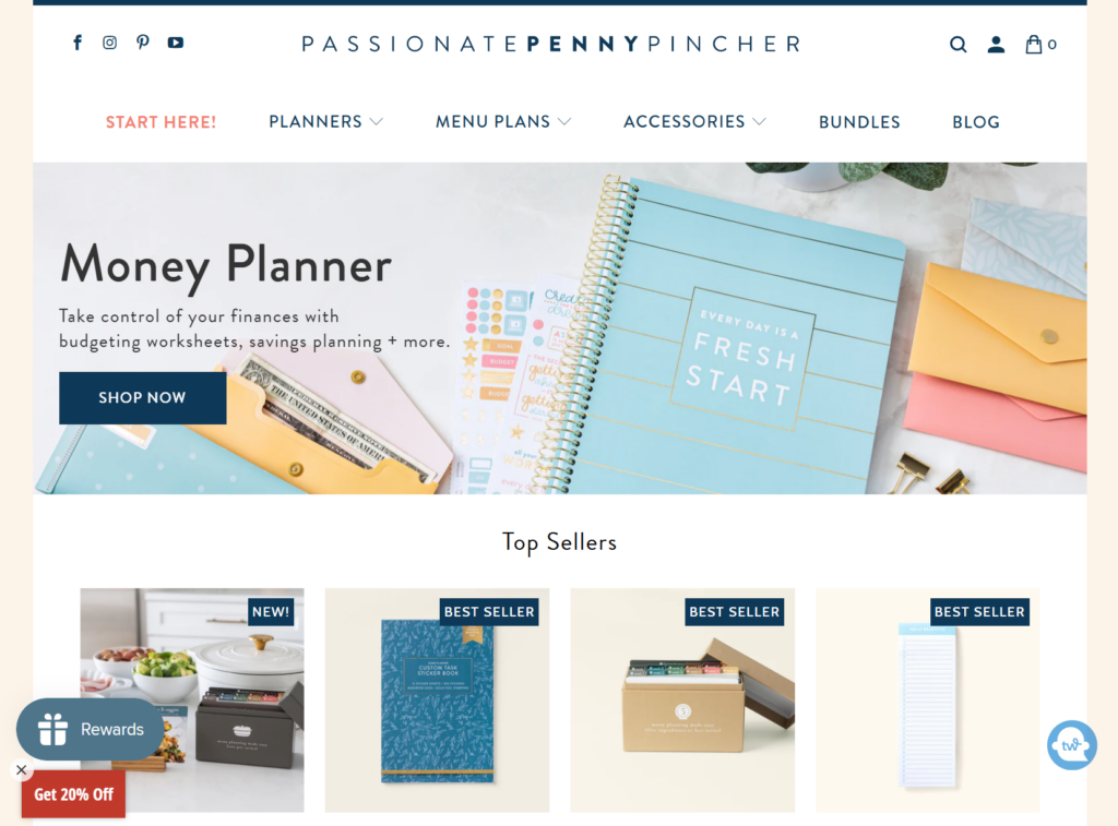 Passionate Penny Pincher website homepage featuring a Money Planner with budgeting worksheets, savings planning tools, and best-selling products like meal planning sets and task sticker books.