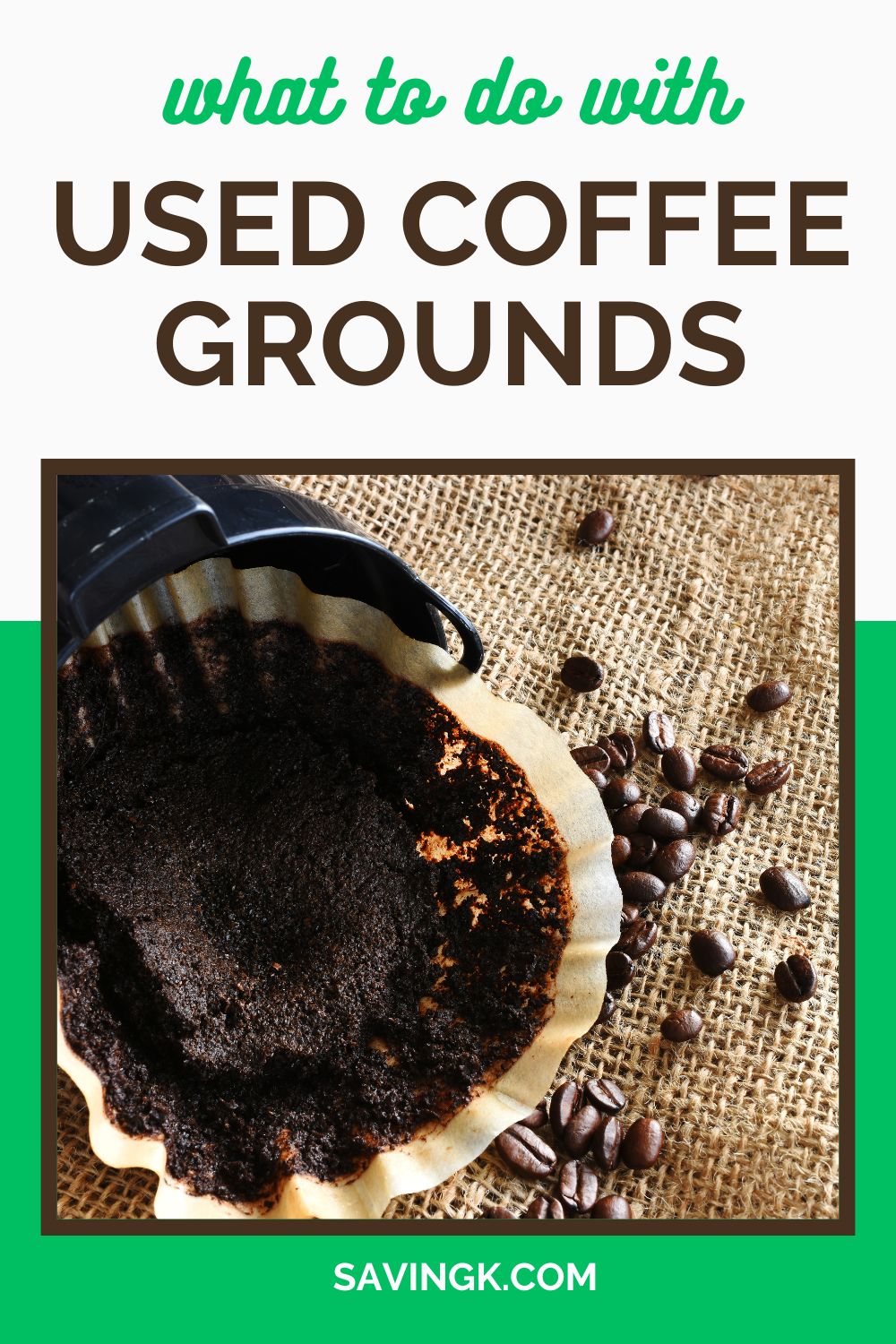 A used coffee filter filled with wet coffee grounds, surrounded by coffee beans on a burlap surface, with the text "What to Do with Used Coffee Grounds" and "SavingK.com."