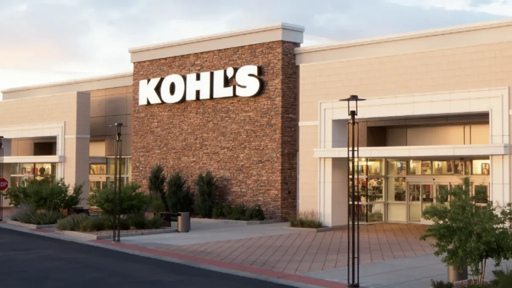 Exterior view of a Kohl's store with a brick and beige facade, large illuminated signage, and glass entrance doors, taken during the evening.