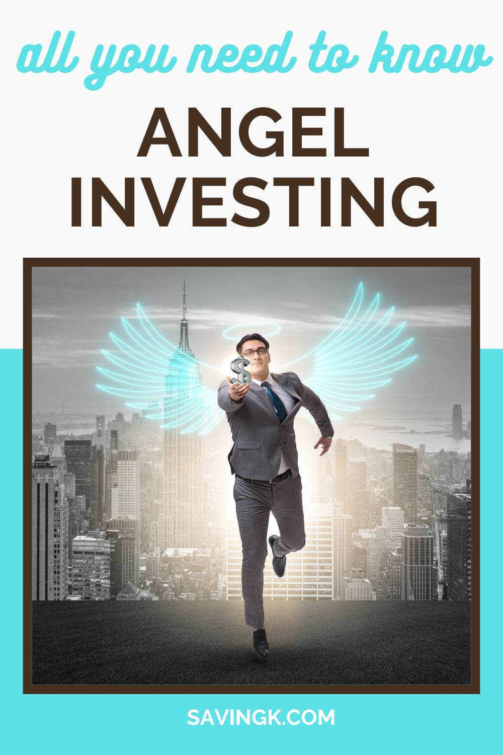 A businessman in a suit with glowing angel wings and a halo, holding a dollar sign, running against a city skyline background.