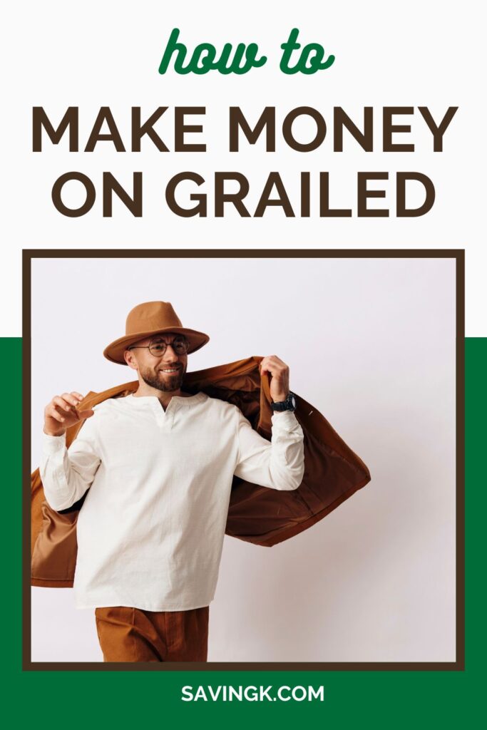 A stylish man in a tan hat, white shirt, and brown coat poses confidently while adjusting his jacket. The text above reads, "How to Make Money on Grailed," with a reference to SavingK.com.