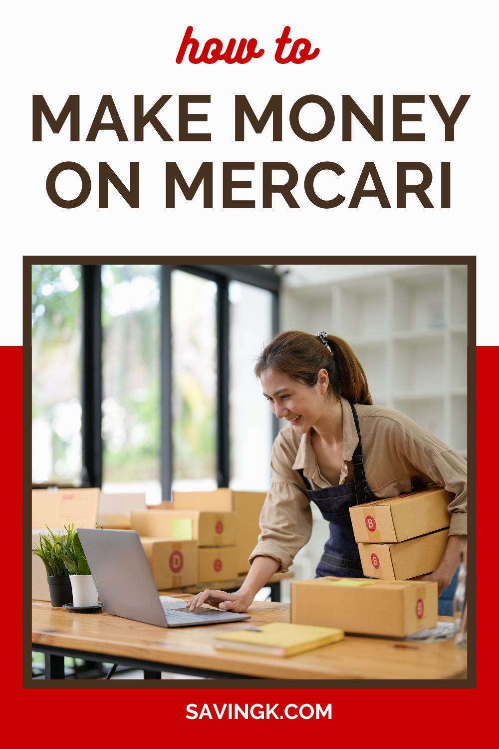 A smiling woman in an apron holding shipping boxes while working on a laptop, surrounded by more packages, showcasing how to make money selling on Mercari.