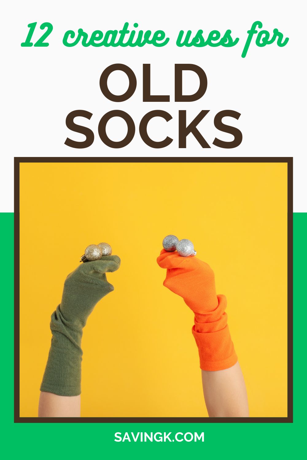 Two hands wearing mismatched socks as makeshift puppets, holding small glittery balls against a bright yellow background, with text overlay reading "12 Creative Uses for Old Socks."