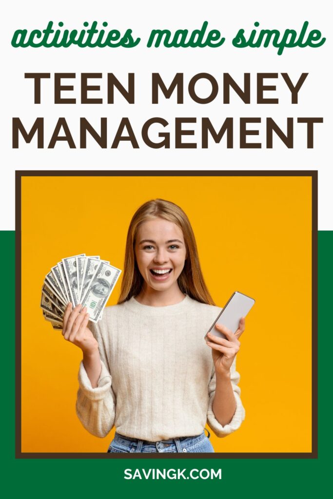 A smiling teenage girl holding a fan of cash in one hand and a smartphone in the other, standing against a bright yellow background.