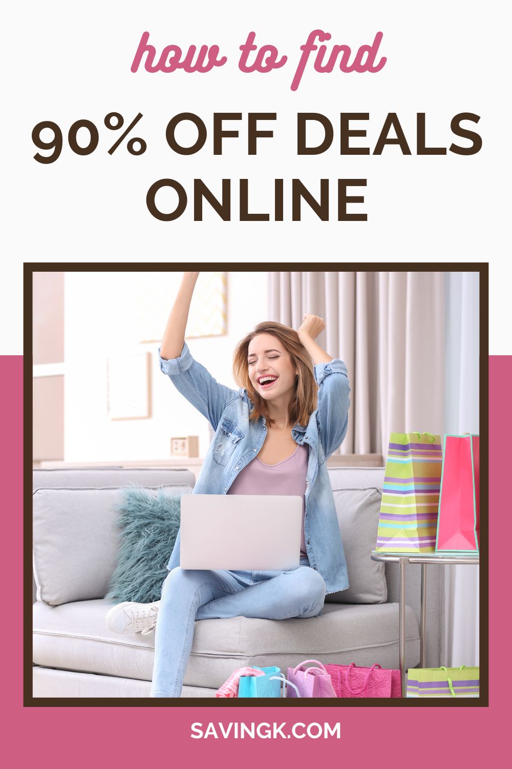 A happy woman sitting on a couch with a laptop, surrounded by colorful shopping bags, celebrating after finding great online deals.