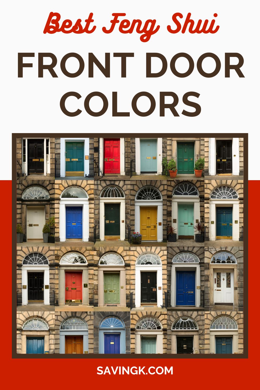 A collage of colorful front doors showcasing the best Feng Shui front door colors for wealth, prosperity, and success, with bold text highlighting the topic.