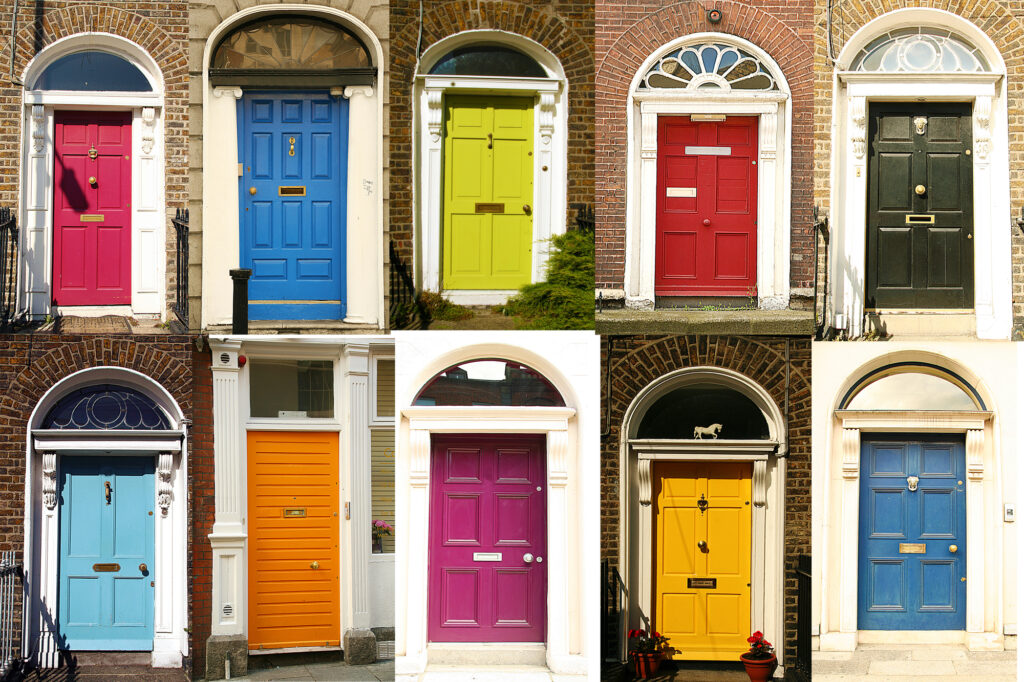 A collage of ten colorful front doors in red, blue, green, yellow, and black, representing Feng Shui wealth-attracting colors. Each door features classic architecture, symbolizing prosperity, career success, and financial abundance.