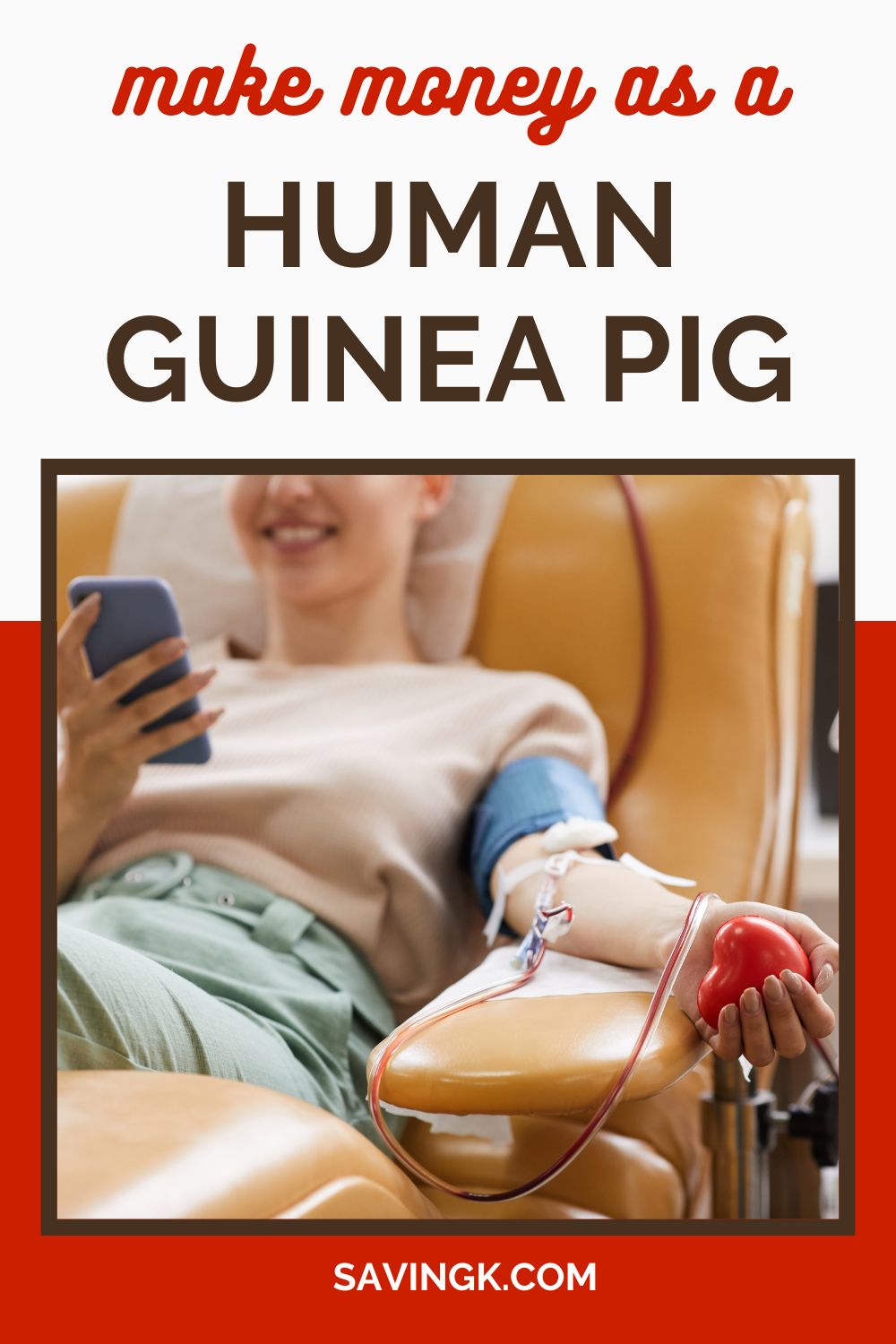 A woman relaxes in a medical chair while donating blood or plasma, holding a red stress ball and using her phone.