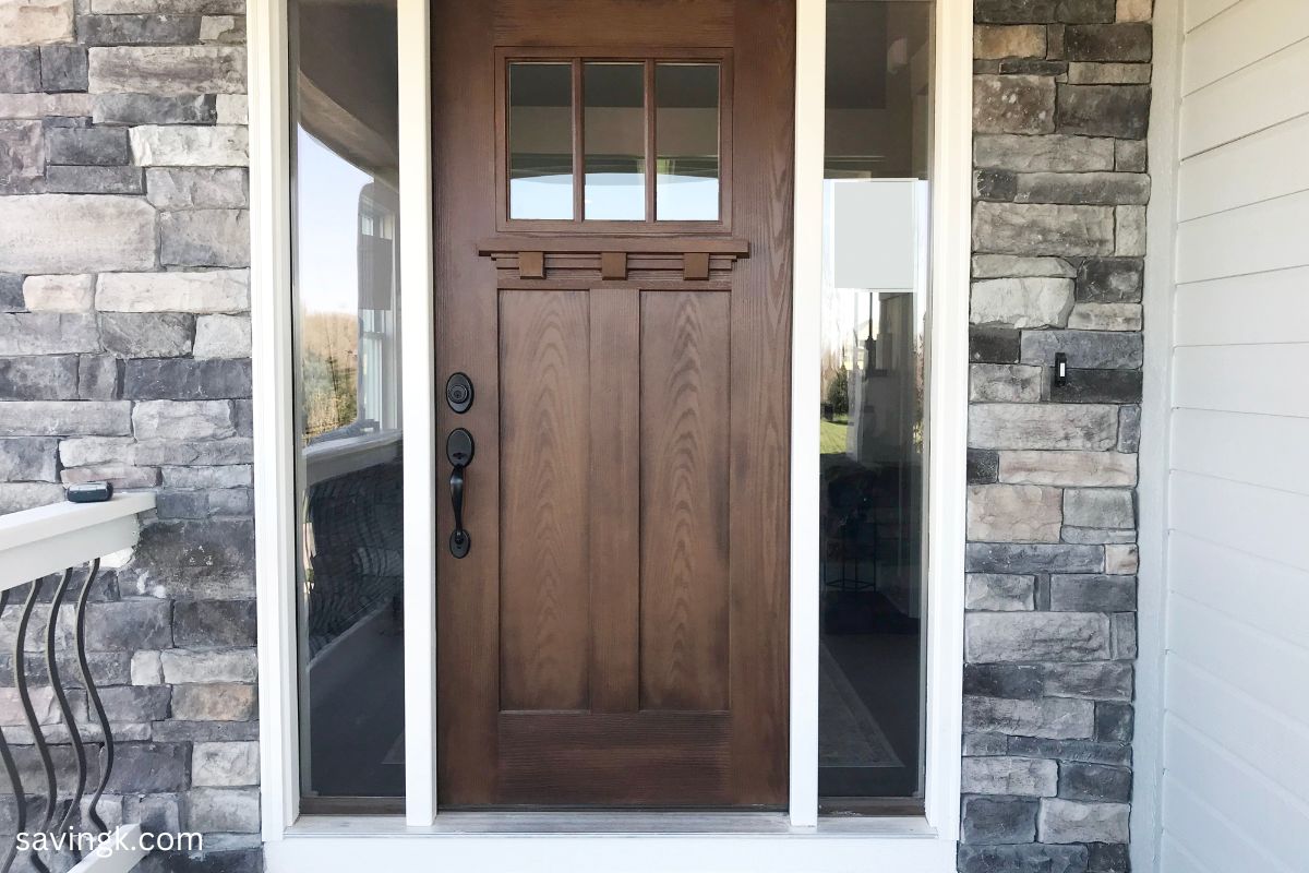 A wooden brown front door with glass panels, framed by stone walls and modern black hardware. In Feng Shui, a brown door symbolizes financial stability, grounding energy, and long-term wealth.