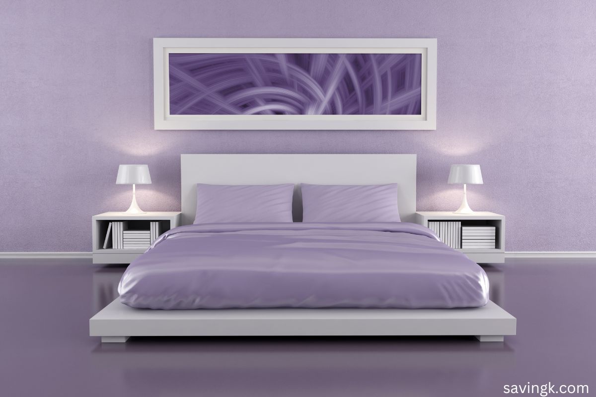 Modern bedroom with soft purple walls and bedding, symbolizing royalty, wealth, and creative energy.