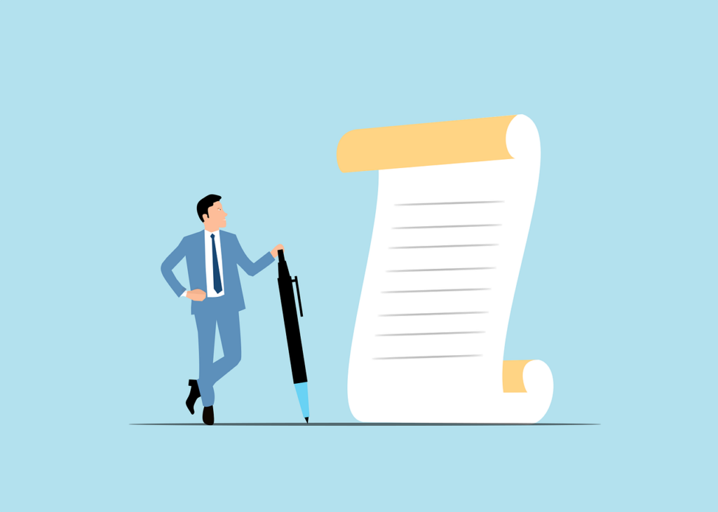 Illustration of a businessman in a suit standing beside a giant legal document and oversized pen, symbolizing estate planning or creating a trust.