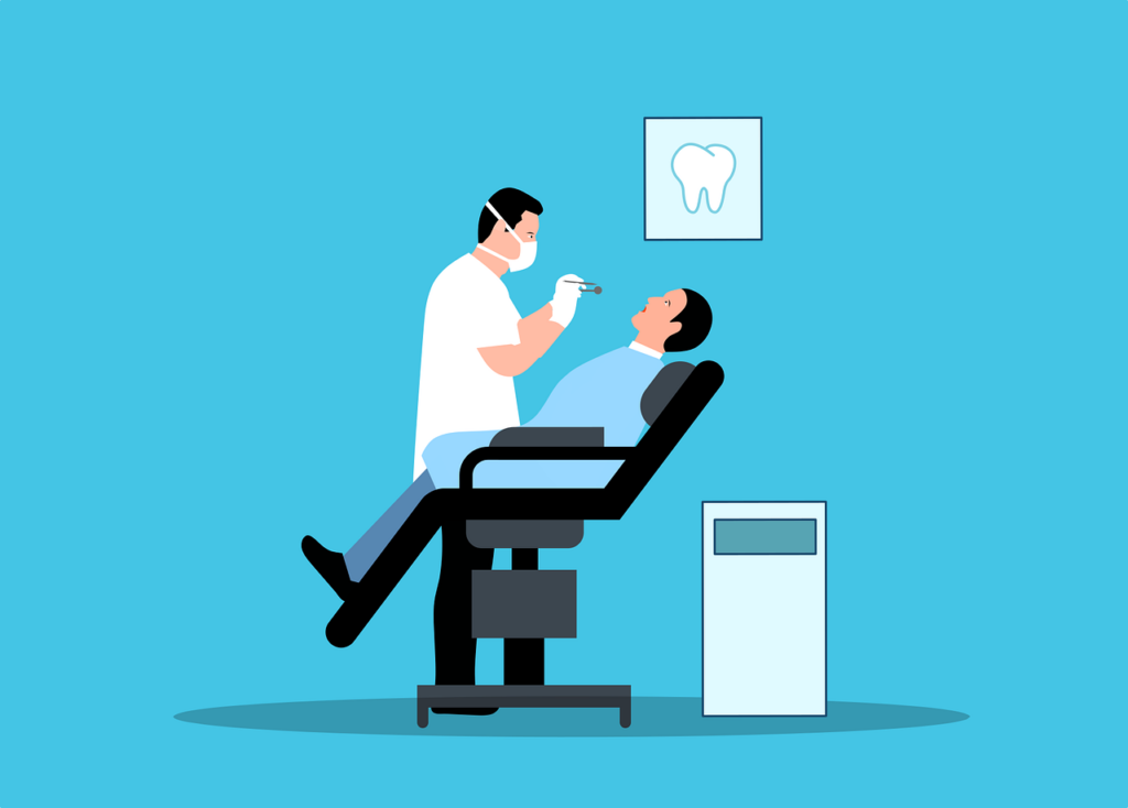 Illustration of a dentist examining a patient in a dental chair.